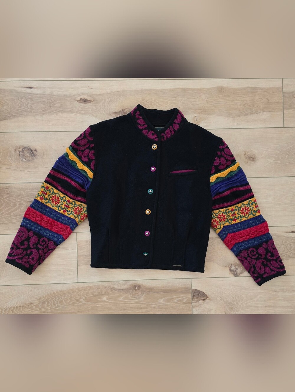 Vintage Geiger Colorful Patterned Sleeve Black Wool Jacket